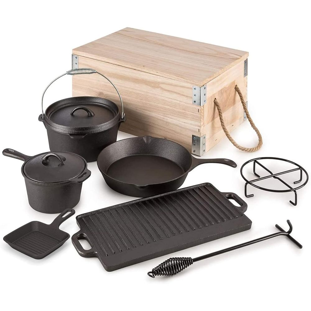 Camping Cooking Dutch Oven - 8 Parçalı Önceden Yağlanmış Dökme Demir